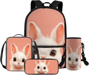 HUGS IDEA Bunny Backpack for Girls Cute Girls Backpack with Lunch Box for Elementary School Lightweight 4 in 1 School Bag Set 17 Inch School Backpack for Girls Back to School Gifts