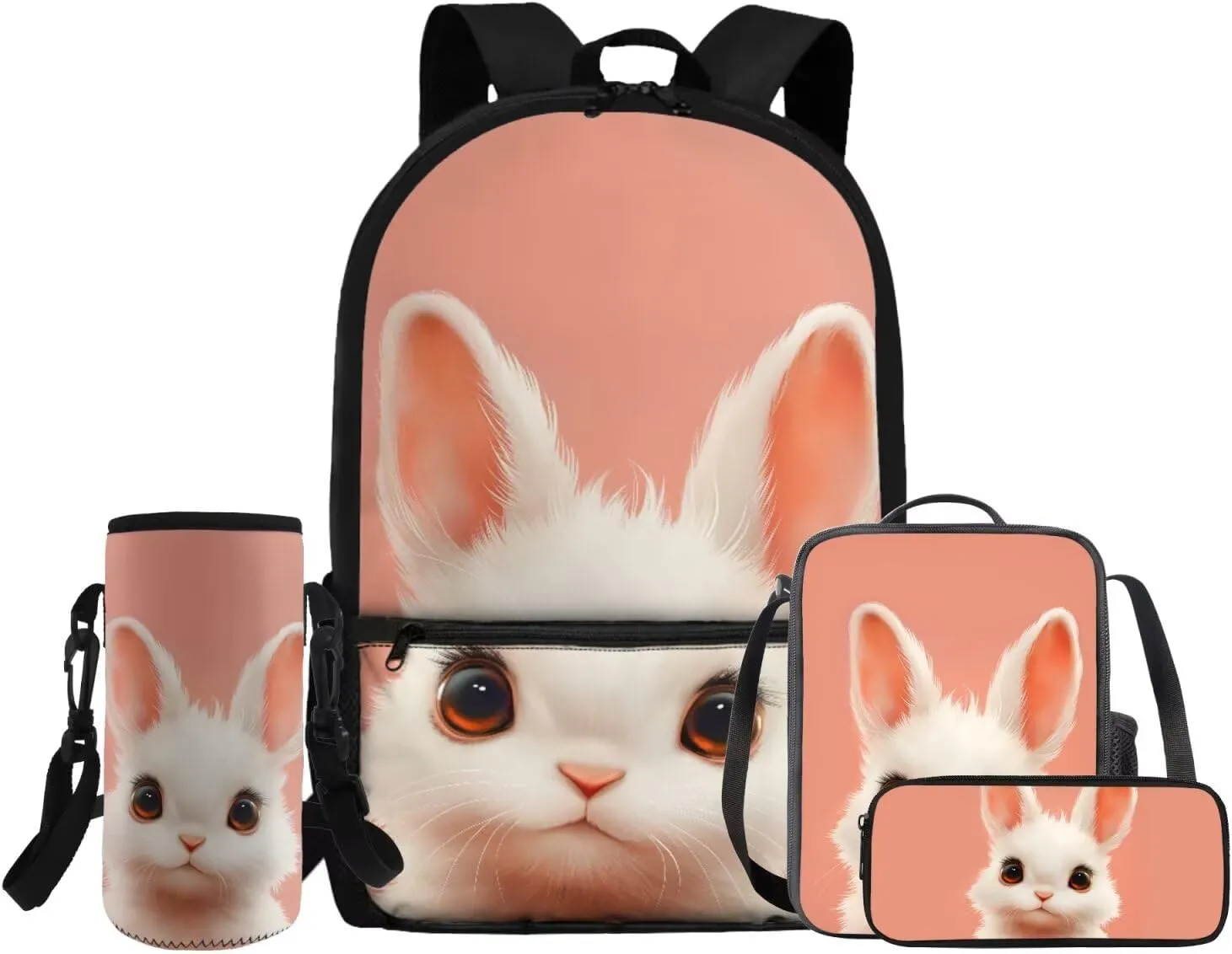 HUGS IDEA Bunny Backpack for Girls Cute Girls Backpack with Lunch Box for Elementary School Lightweight 4 in 1 School Bag Set 17 Inch School Backpack for Girls Back to School Gifts