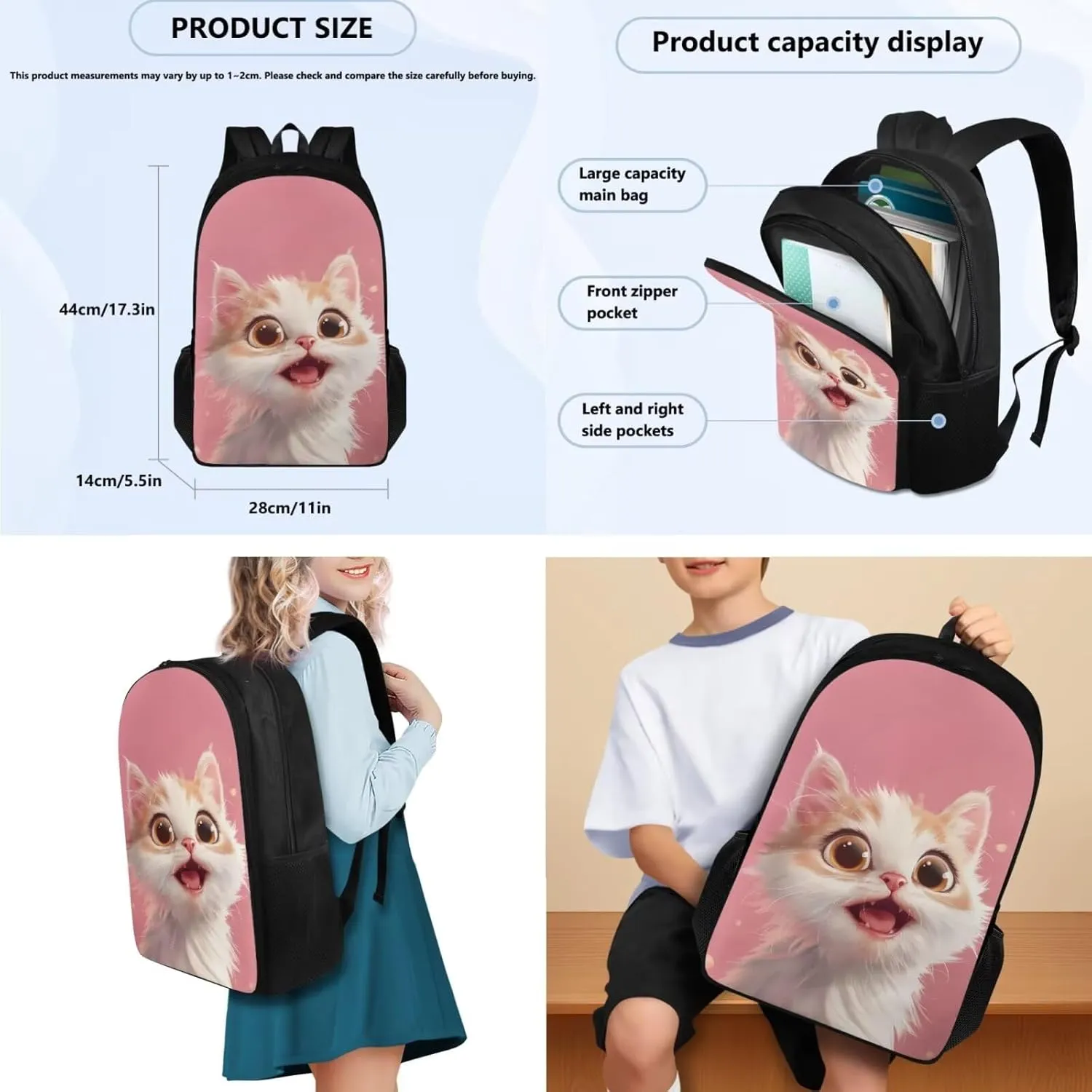 HUGS IDEA Cute Cat Backpack for School Girls Pink Elementary School Bag for Kids 8-10 Large Capacity Bookbag with Lunch Box Pencil Case Lightweight Students Daypack Book Bag Pack