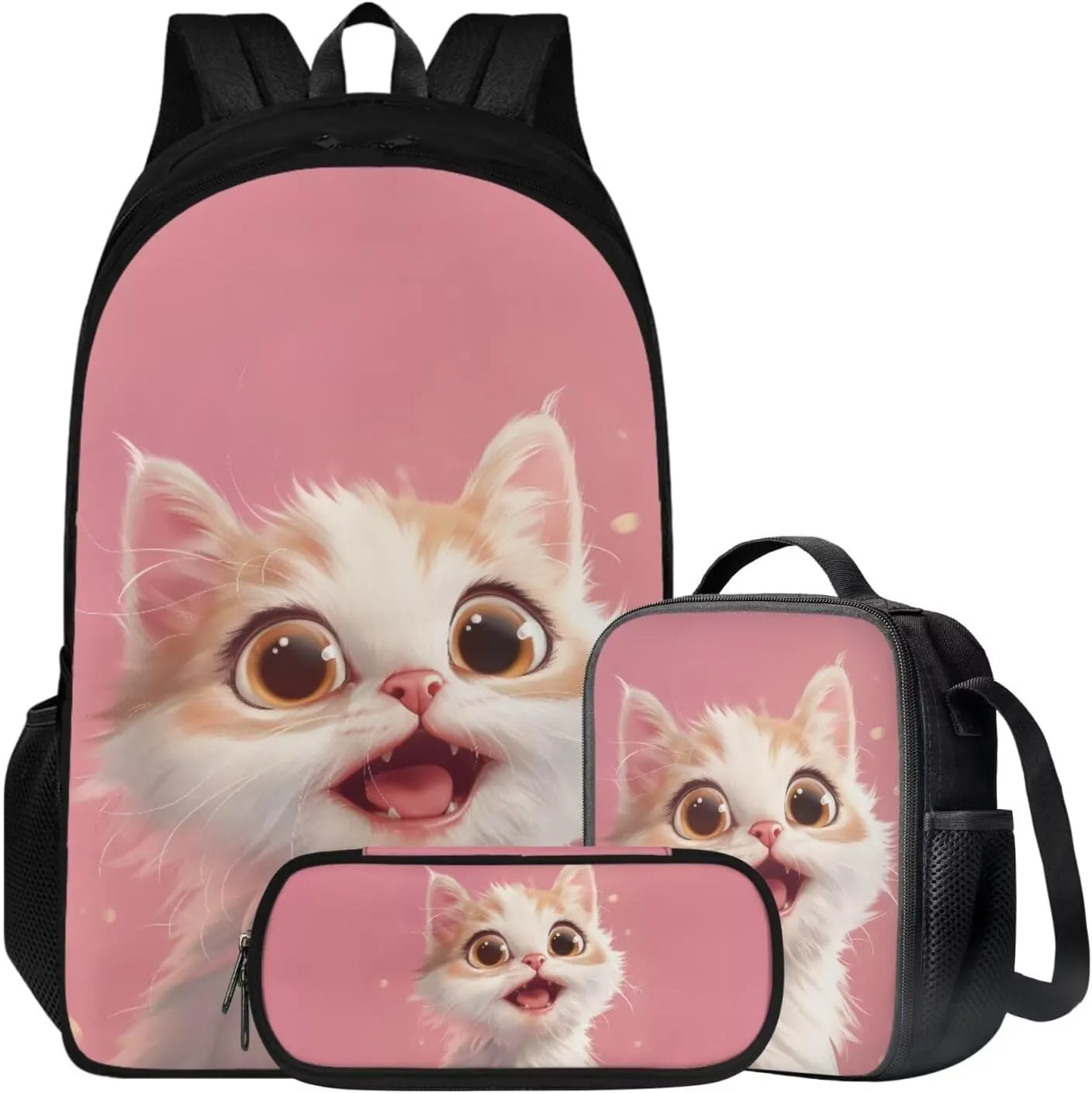 HUGS IDEA Cute Cat Backpack for School Girls Pink Elementary School Bag for Kids 8-10 Large Capacity Bookbag with Lunch Box Pencil Case Lightweight Students Daypack Book Bag Pack
