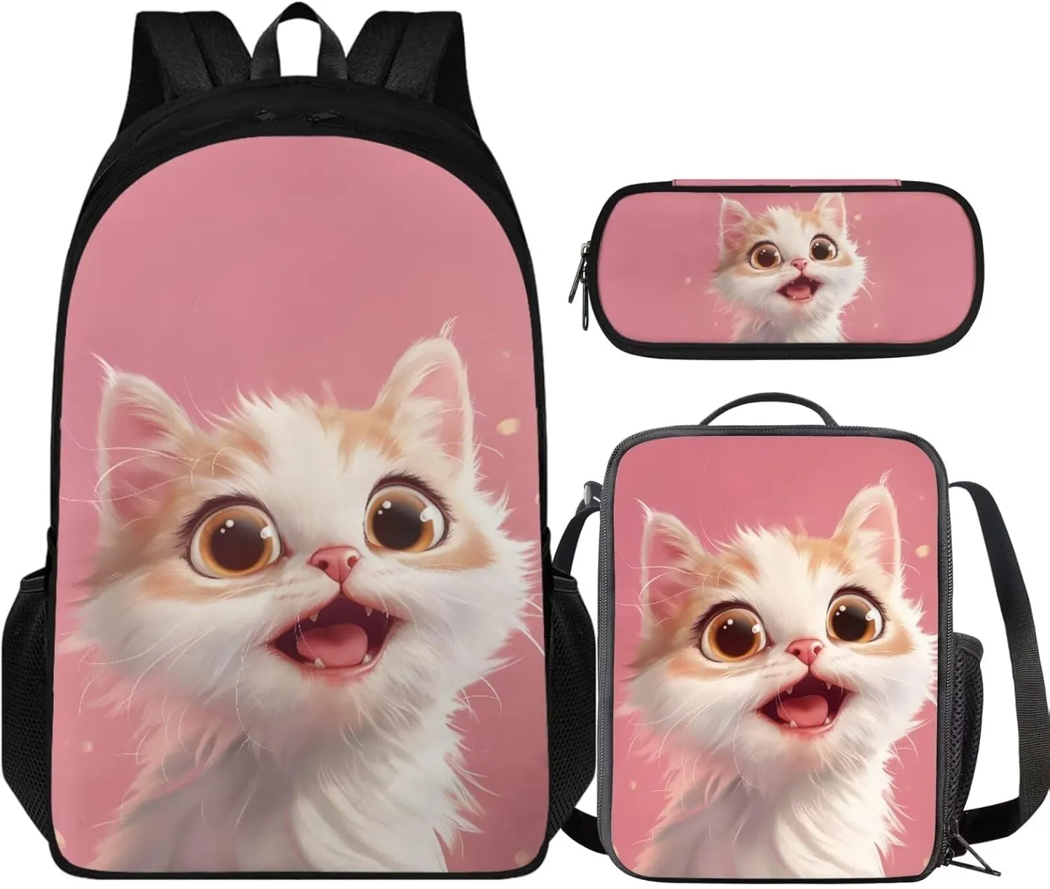 HUGS IDEA Cute Cat Backpack for School Girls Pink Elementary School Bag for Kids 8-10 Large Capacity Bookbag with Lunch Box Pencil Case Lightweight Students Daypack Book Bag Pack