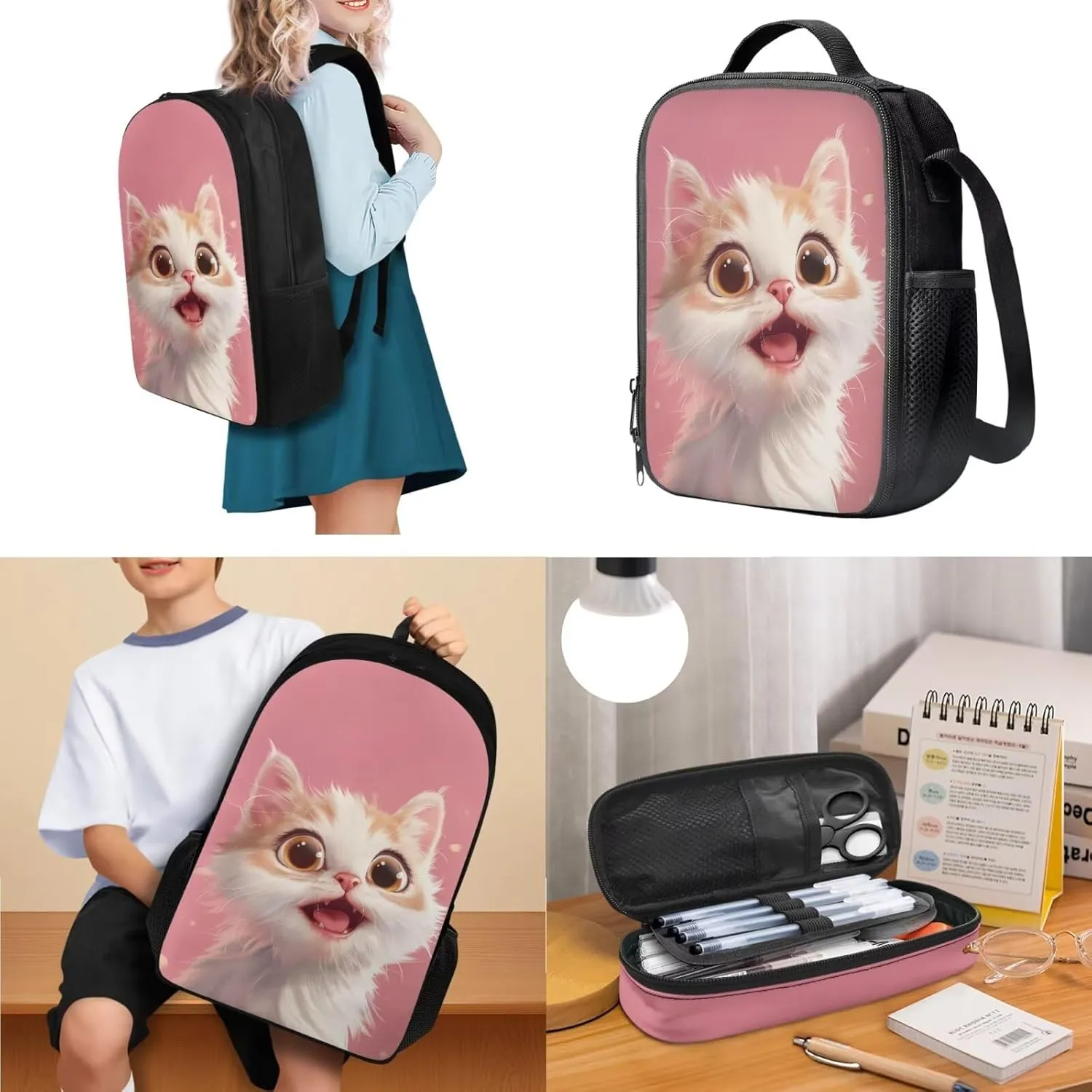 HUGS IDEA Cute Cat Backpack for School Girls Pink Elementary School Bag for Kids 8-10 Large Capacity Bookbag with Lunch Box Pencil Case Lightweight Students Daypack Book Bag Pack