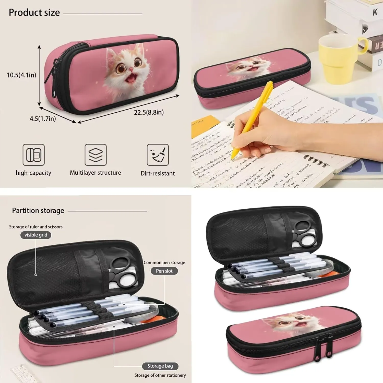 HUGS IDEA Cute Cat Backpack for School Girls Pink Elementary School Bag for Kids 8-10 Large Capacity Bookbag with Lunch Box Pencil Case Lightweight Students Daypack Book Bag Pack