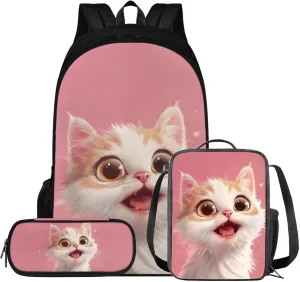 HUGS IDEA Cute Cat Backpack for School Girls Pink Elementary School Bag for Kids 8-10 Large Capacity Bookbag with Lunch Box Pencil Case Lightweight Students Daypack Book Bag Pack