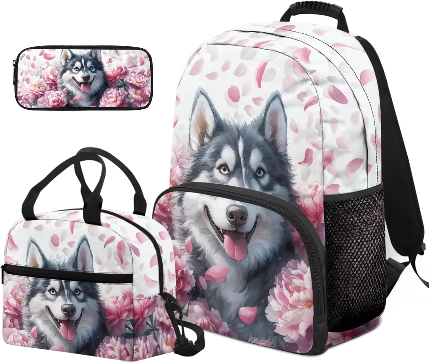 HUGS IDEA Cute Dog Girls Backpack for Elementary School Girls Bookbag with Lunchbox for Ages 6-8 Lightweight School Bag for 6Th Grade 17 Inch Large Capacity Kids Book Bag Set 3 Piece Set