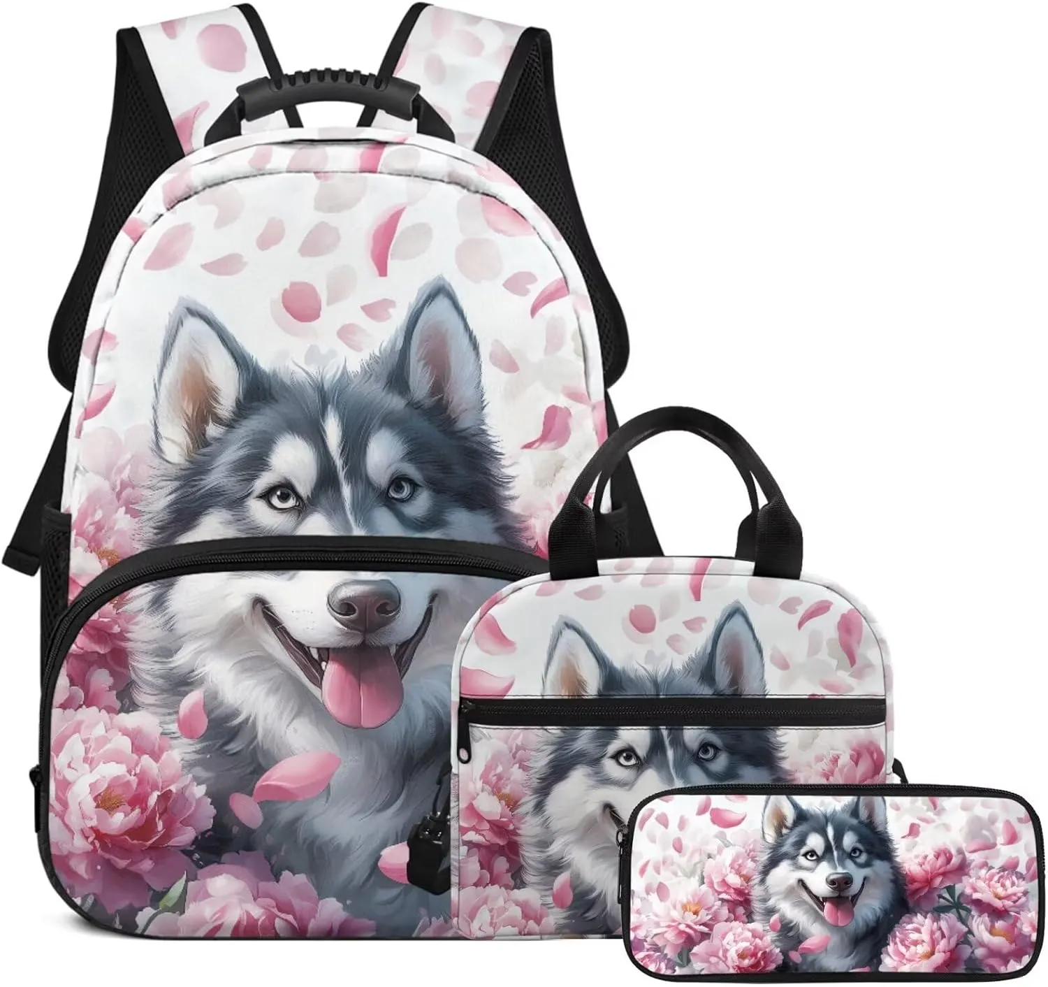 HUGS IDEA Cute Dog Girls Backpack for Elementary School Girls Bookbag with Lunchbox for Ages 6-8 Lightweight School Bag for 6Th Grade 17 Inch Large Capacity Kids Book Bag Set 3 Piece Set