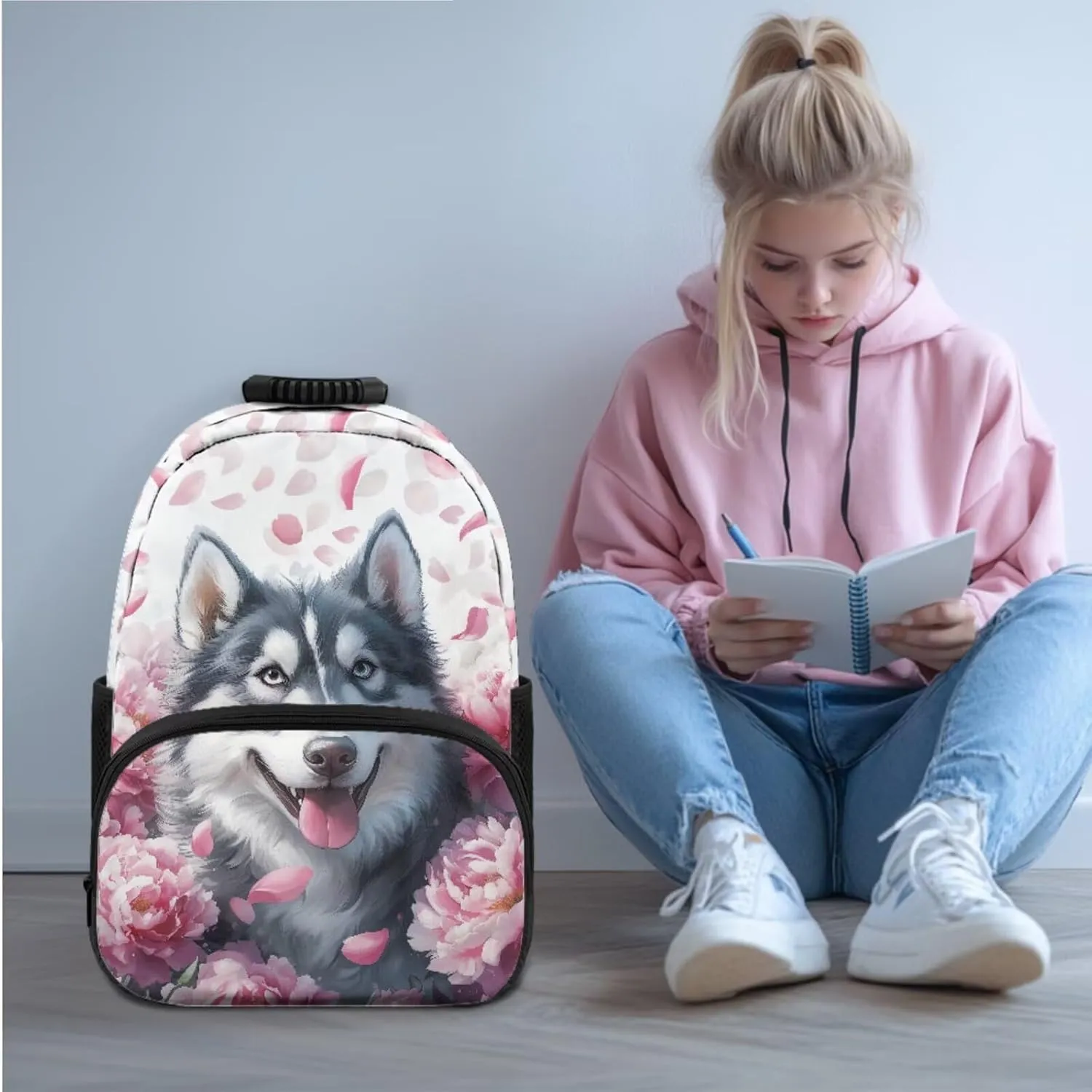 HUGS IDEA Cute Dog Girls Backpack for Elementary School Girls Bookbag with Lunchbox for Ages 6-8 Lightweight School Bag for 6Th Grade 17 Inch Large Capacity Kids Book Bag Set 3 Piece Set