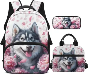 HUGS IDEA Cute Dog Girls Backpack for Elementary School Girls Bookbag with Lunchbox for Ages 6-8 Lightweight School Bag for 6Th Grade 17 Inch Large Capacity Kids Book Bag Set 3 Piece Set
