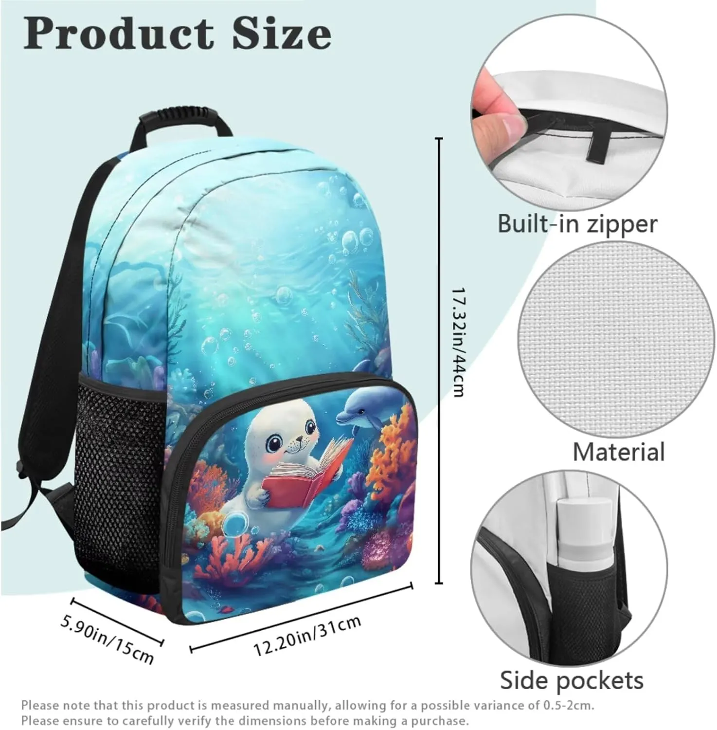 HUGS IDEA Cute Seal Dolphin Bookbag for 6th Grade Girls Backpack with Lunch Box Kids Girls Elementary School Backpack Lightweight School Bag for Kids 8-10 4Pcs Backpack Set for Children
