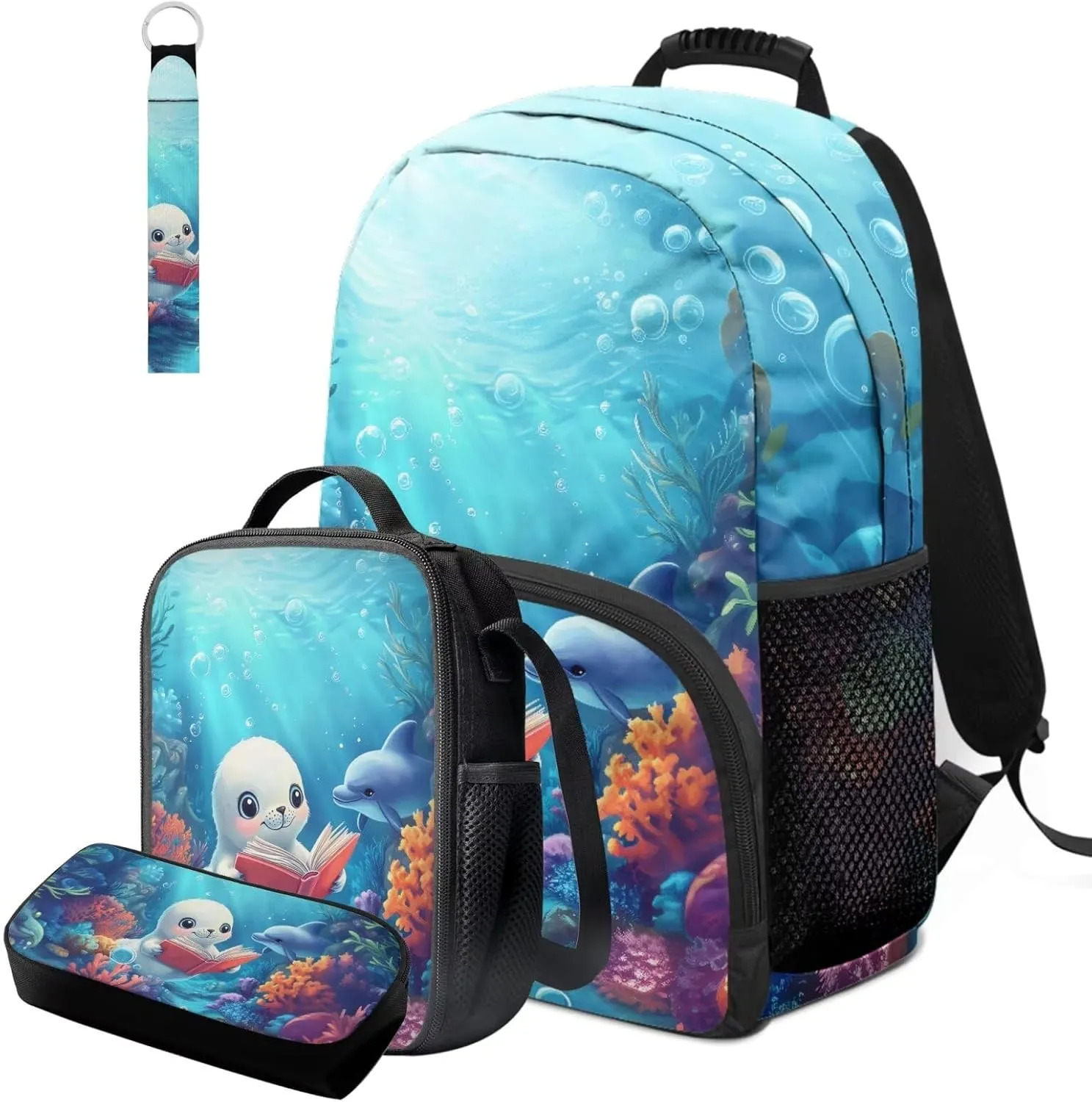 HUGS IDEA Cute Seal Dolphin Bookbag for 6th Grade Girls Backpack with Lunch Box Kids Girls Elementary School Backpack Lightweight School Bag for Kids 8-10 4Pcs Backpack Set for Children