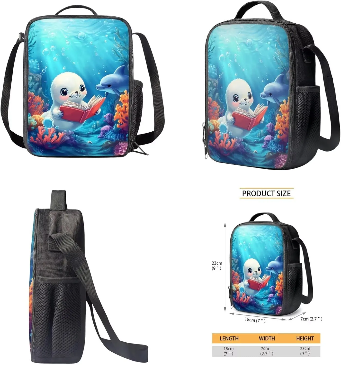 HUGS IDEA Cute Seal Dolphin Bookbag for 6th Grade Girls Backpack with Lunch Box Kids Girls Elementary School Backpack Lightweight School Bag for Kids 8-10 4Pcs Backpack Set for Children