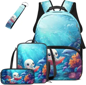 HUGS IDEA Cute Seal Dolphin Bookbag for 6th Grade Girls Backpack with Lunch Box Kids Girls Elementary School Backpack Lightweight School Bag for Kids 8-10 4Pcs Backpack Set for Children