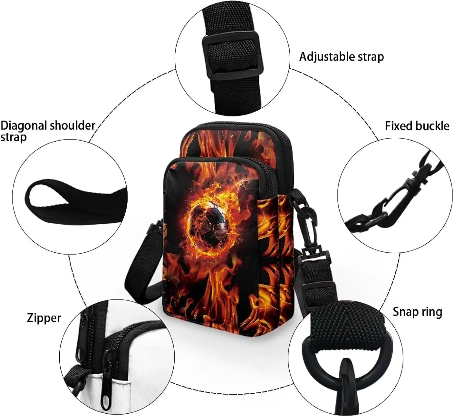 HUGS IDEA Fire Soccer Ball Boys Messenger Bag Fashion Men Cross Body Bags Travel Handbags Cell Phone Pouch
