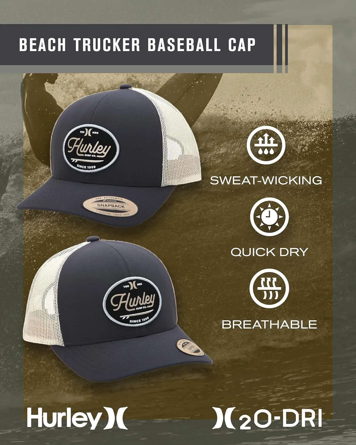 Hurley Mens' Hat - Beach Break Trucker Water Resistant Baseball Cap
