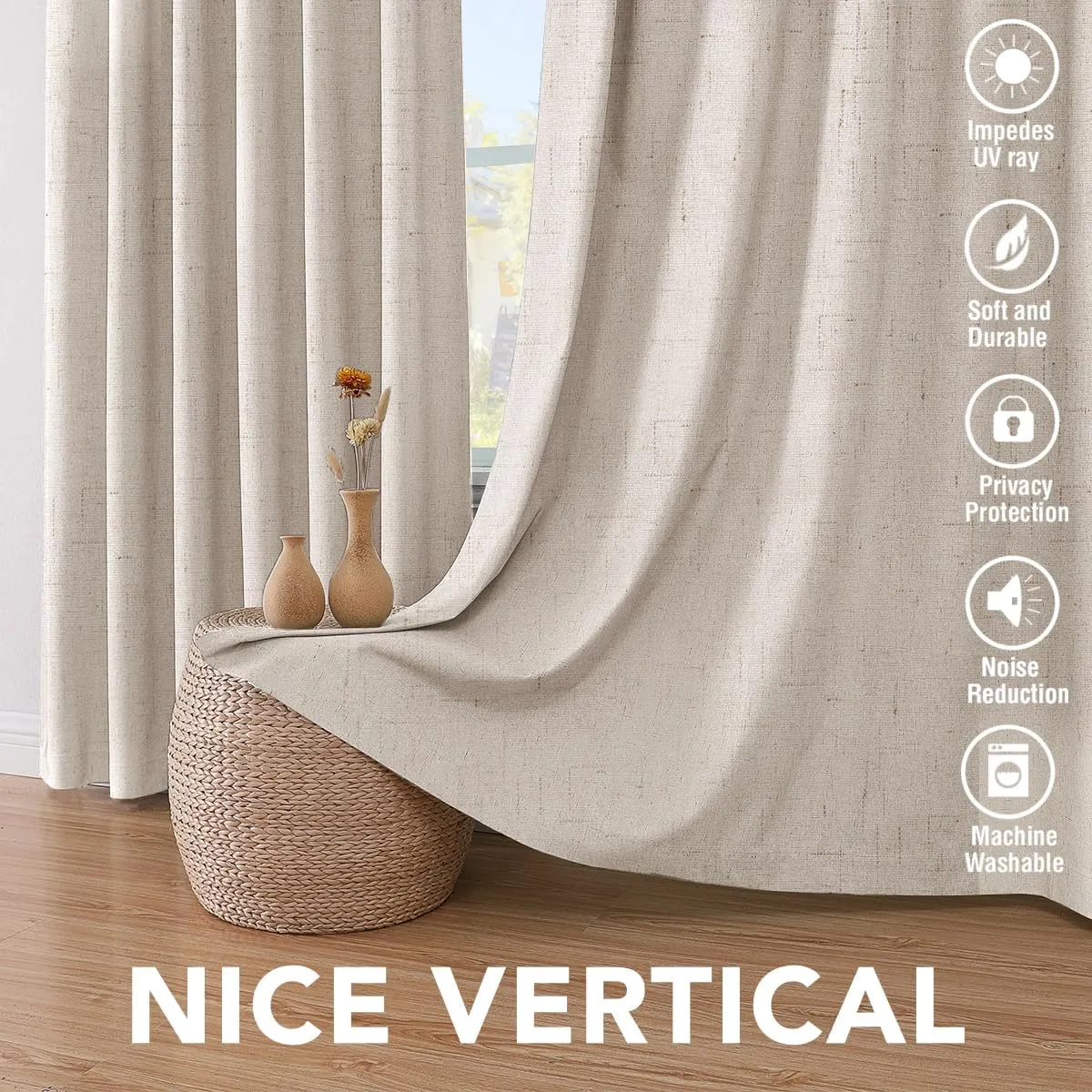 H.VERSAILTEX Linen Blackout Curtains 96 Inches Long, 100% Absolutely Blackout Elegant Curtains for Bedroom, Thermal Insulated Linen Drapes Grommet Curtains with White Liner, 2 Panels, Natural