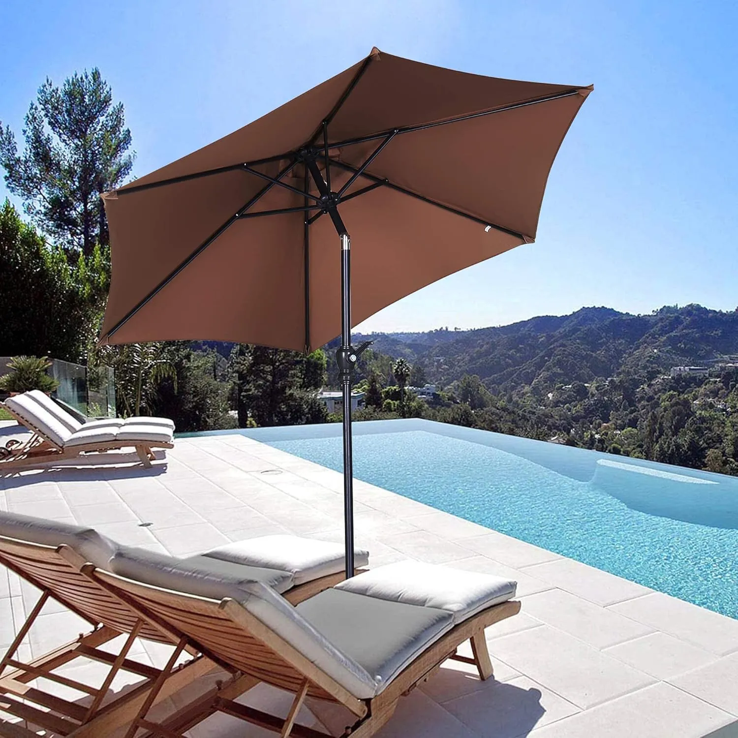 HYD-Parts 7.5FT Patio Umbrella Outdoor Table Umbrella,Market Umbrella with Push Button Tilt and Crank for Garden, Lawn, Deck, Backyard & Pool (Coffee)