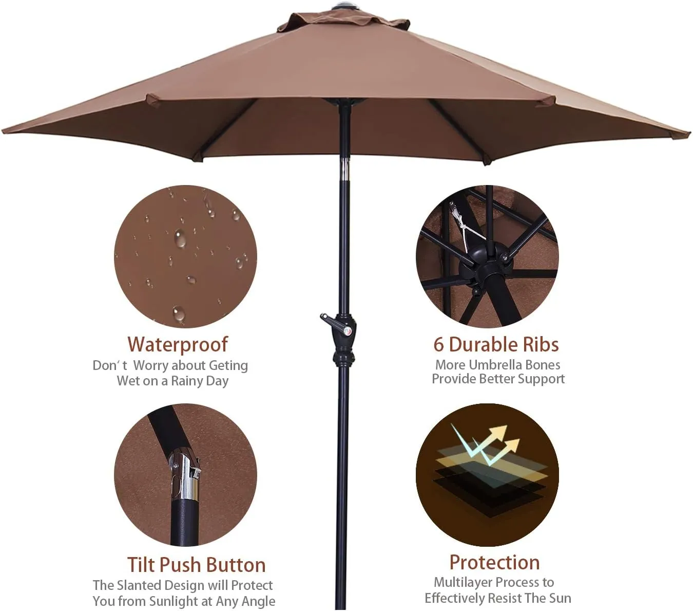HYD-Parts 7.5FT Patio Umbrella Outdoor Table Umbrella,Market Umbrella with Push Button Tilt and Crank for Garden, Lawn, Deck, Backyard & Pool (Coffee)