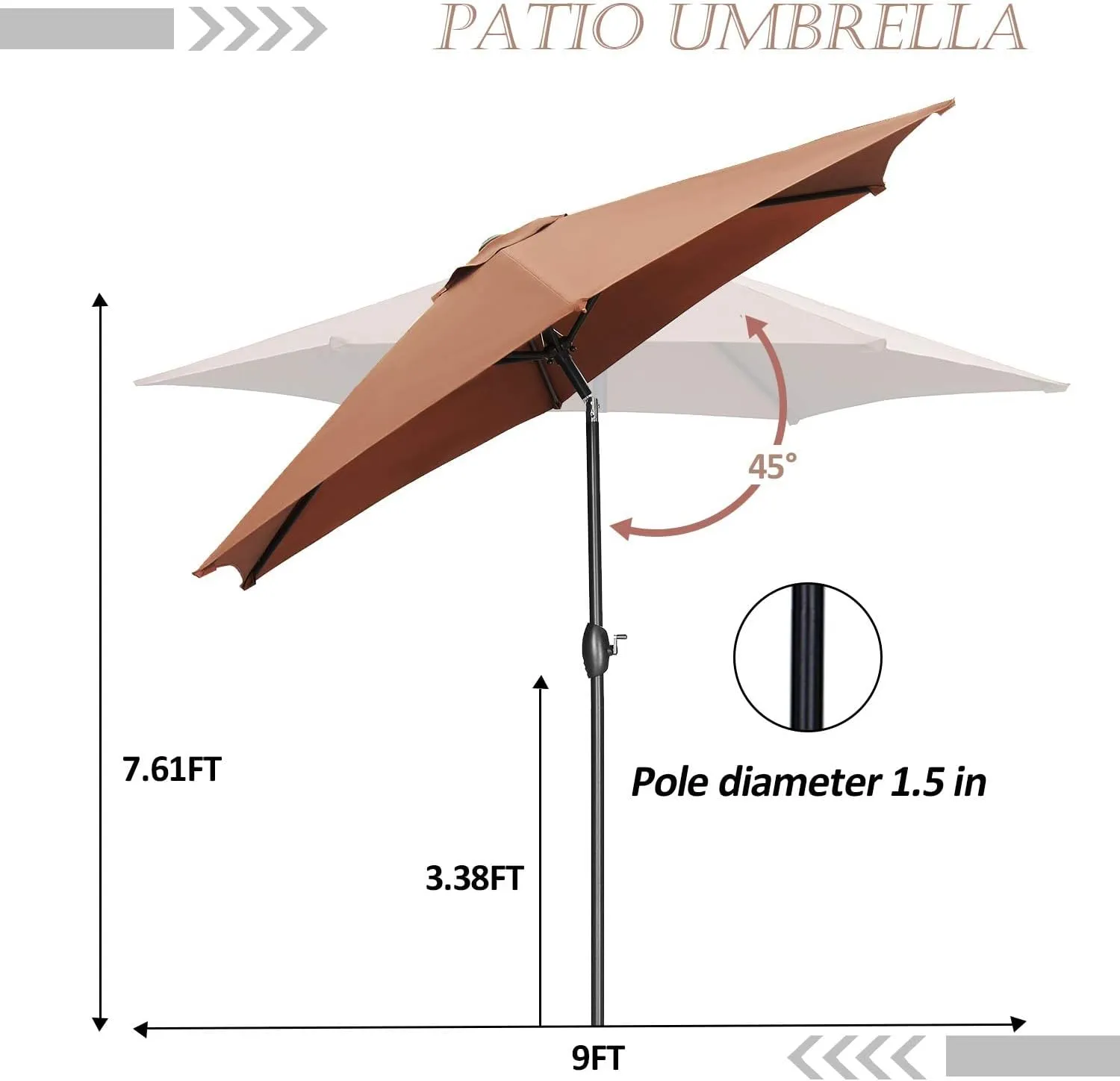 HYD-Parts 9FT Patio Umbrella Outdoor Table Umbrella,Market Umbrella with Push Button Tilt and Crank for Garden, Lawn, Deck, Backyard & Pool, No Base (Coffee)