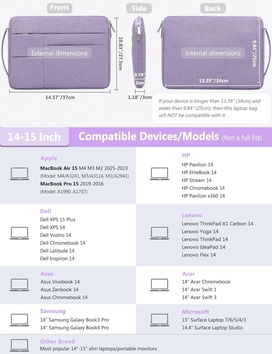 HYZUO 14-15 Inch Laptop Sleeve Bag for MacBook Air 15 M4 M3 M2, MacBook Pro 15, 15" Surface Laptop, XPS 14/15 Plus, Portable NoteBook Case for 14" HP Dell Lenovo ThinkPad Asus, Lilac Purple