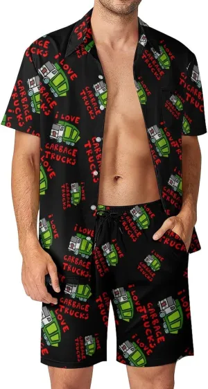 I Love Trash Garbage Trucks Men's Hawaiian Shirt Suits Button Down Beach Shirts And Short Suits Vacation Outfits