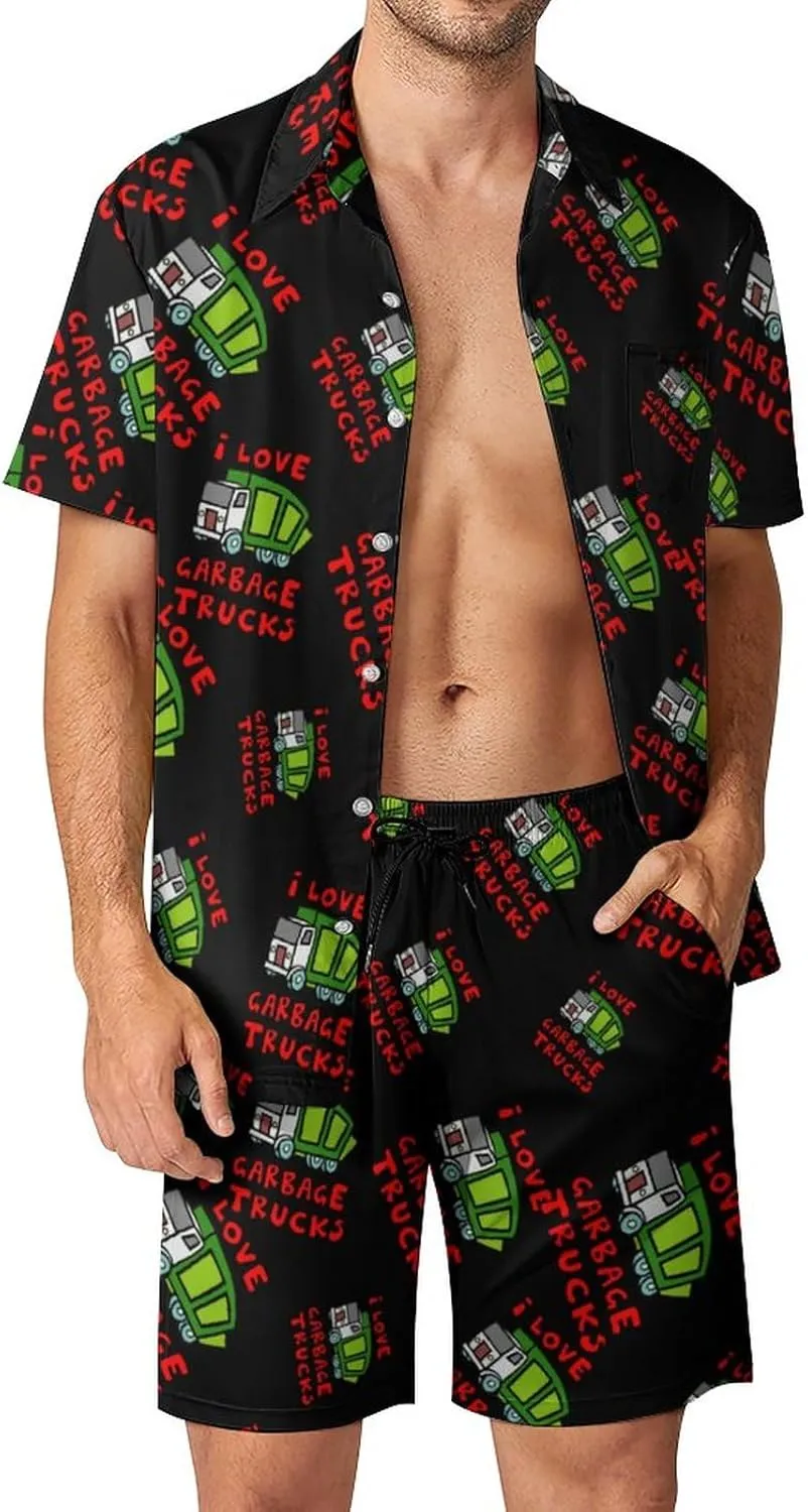 I Love Trash Garbage Trucks Men's Hawaiian Shirt Suits Button Down Beach Shirts And Short Suits Vacation Outfits