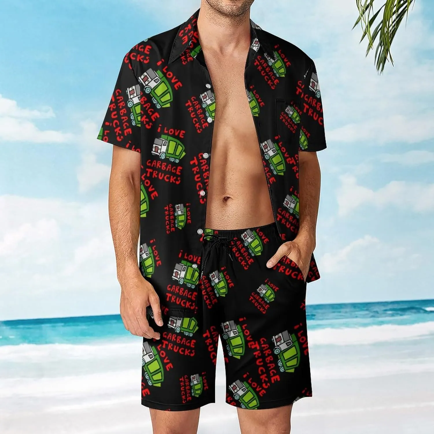 I Love Trash Garbage Trucks Men's Hawaiian Shirt Suits Button Down Beach Shirts And Short Suits Vacation Outfits