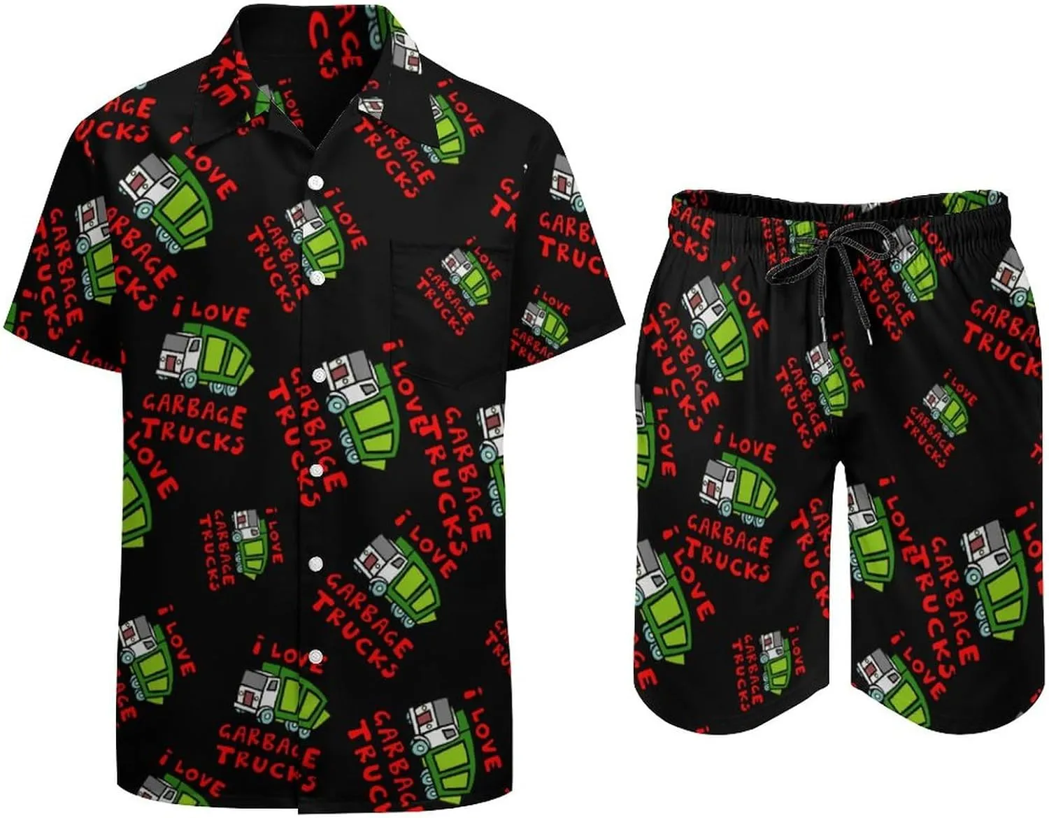 I Love Trash Garbage Trucks Men's Hawaiian Shirt Suits Button Down Beach Shirts And Short Suits Vacation Outfits