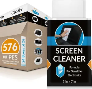 iCloth Large Screen Cleaning Wipes for Electronics, Lint-Free and Streak-Free, Fast-Drying, Removes Dust, Fingerprints, and Smudges (576 Wipes)