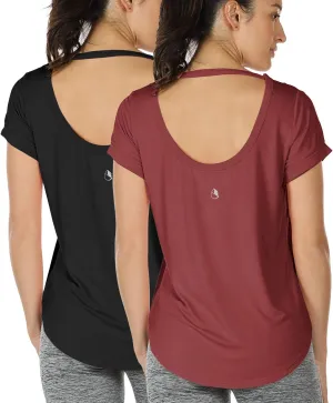 icyzone Open Back Yoga Shirts for Women - Exercise Workout Tops, Athletic Short Sleeves, Running T-Shirts Loose Fit