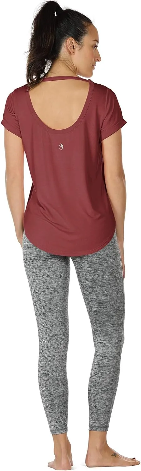 icyzone Open Back Yoga Shirts for Women - Exercise Workout Tops, Athletic Short Sleeves, Running T-Shirts Loose Fit