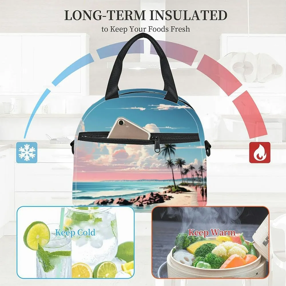 Illustrator art Miami street Insulated Adult Lunch Bag with Shoulder Strap for Women Lightweight Reusable Portable Freezable Lunch Tote Bag for Work Picnic