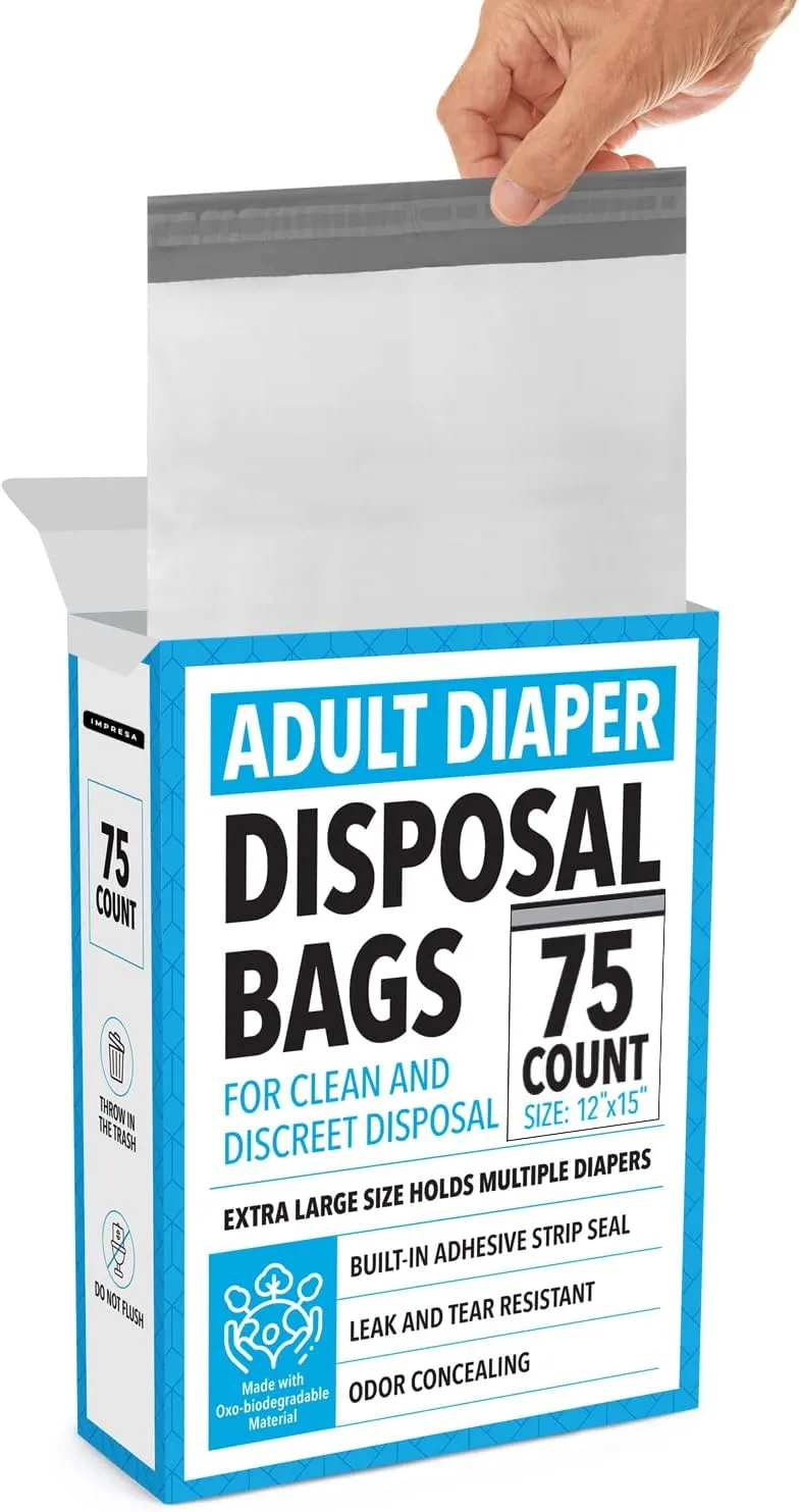 Impresa Extra Large Adult Diaper Disposal Bags - 75 Pack - FSA/HSA Eligible - Odor and Leak Proof - Tear-Resistant Undergarment Bags for Adult Diapers - Extra Thick (12 x 15 In)