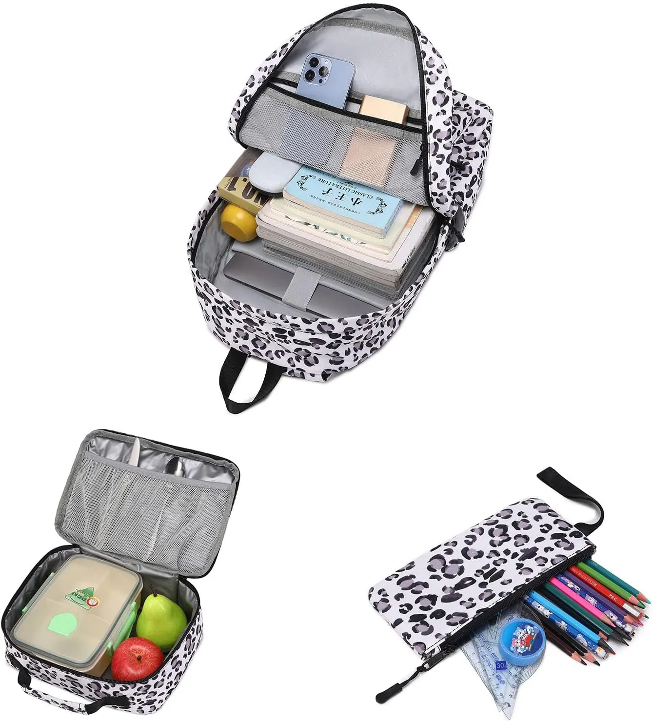 Imyth Backpack for Teen Girls School Gift Bookbag Lunch Box Pencil Bag 3 in 1 Set (Leopard print)