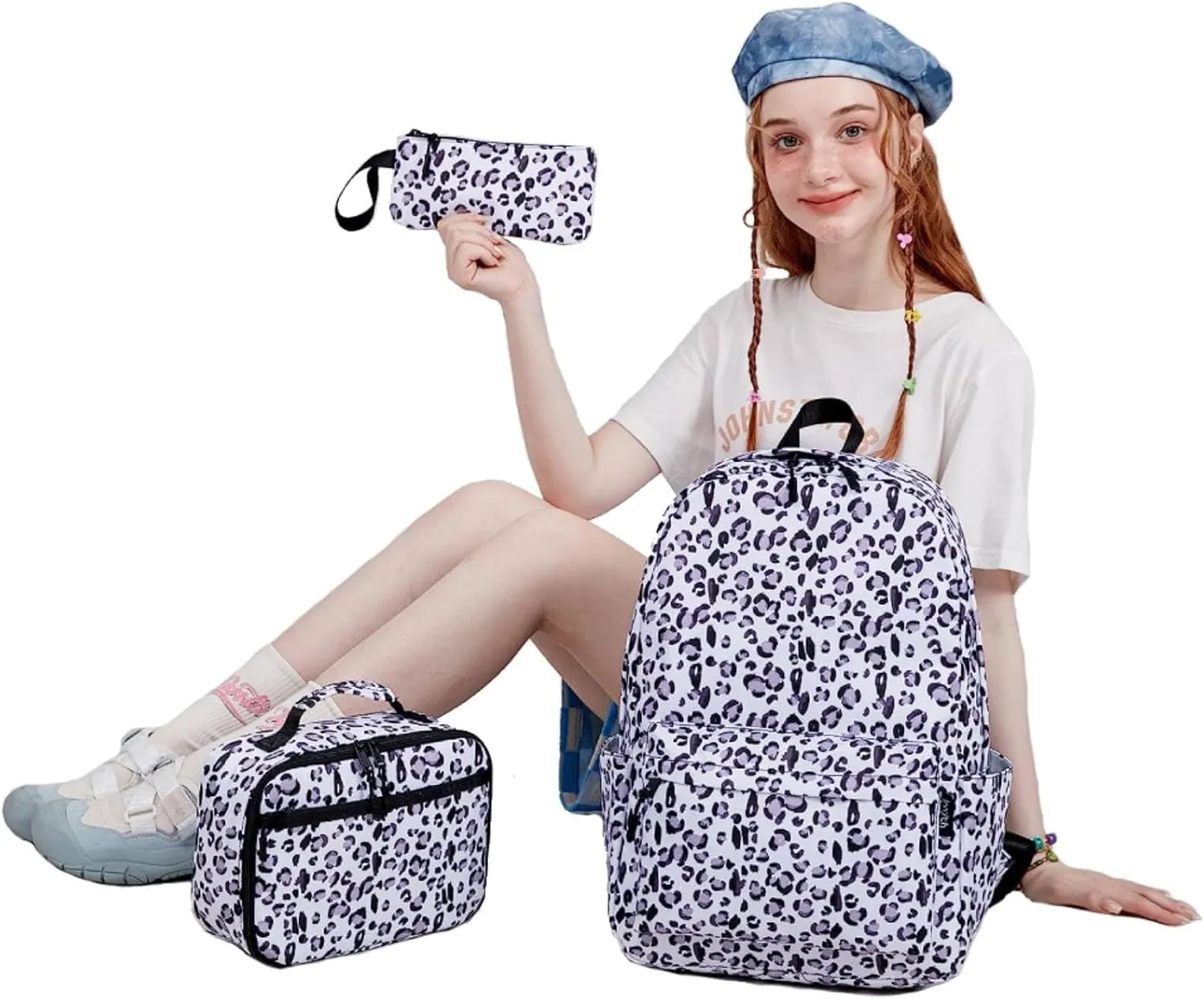 Imyth Backpack for Teen Girls School Gift Bookbag Lunch Box Pencil Bag 3 in 1 Set (Leopard print)