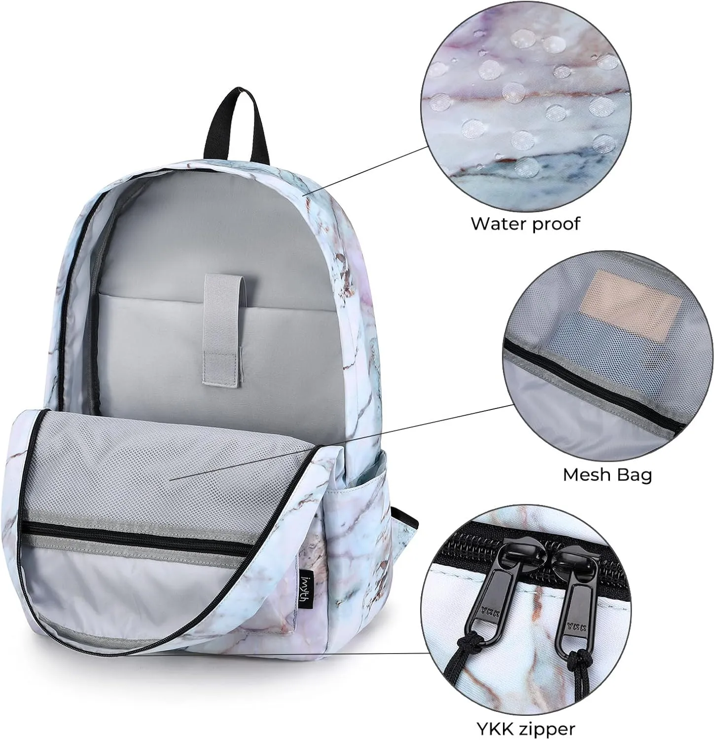 Imyth Backpack for Teen Girls School Gift Bookbag Lunch Box Pencil Bag 3 in 1 Set (Marble Light pink)