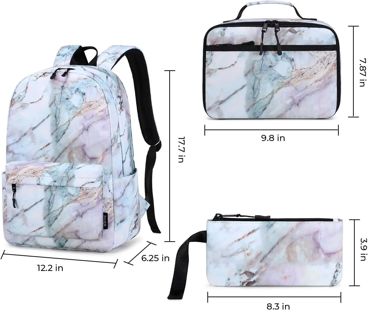 Imyth Backpack for Teen Girls School Gift Bookbag Lunch Box Pencil Bag 3 in 1 Set (Marble Light pink)