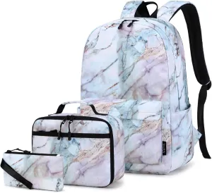 Imyth Backpack for Teen Girls School Gift Bookbag Lunch Box Pencil Bag 3 in 1 Set (Marble Light pink)