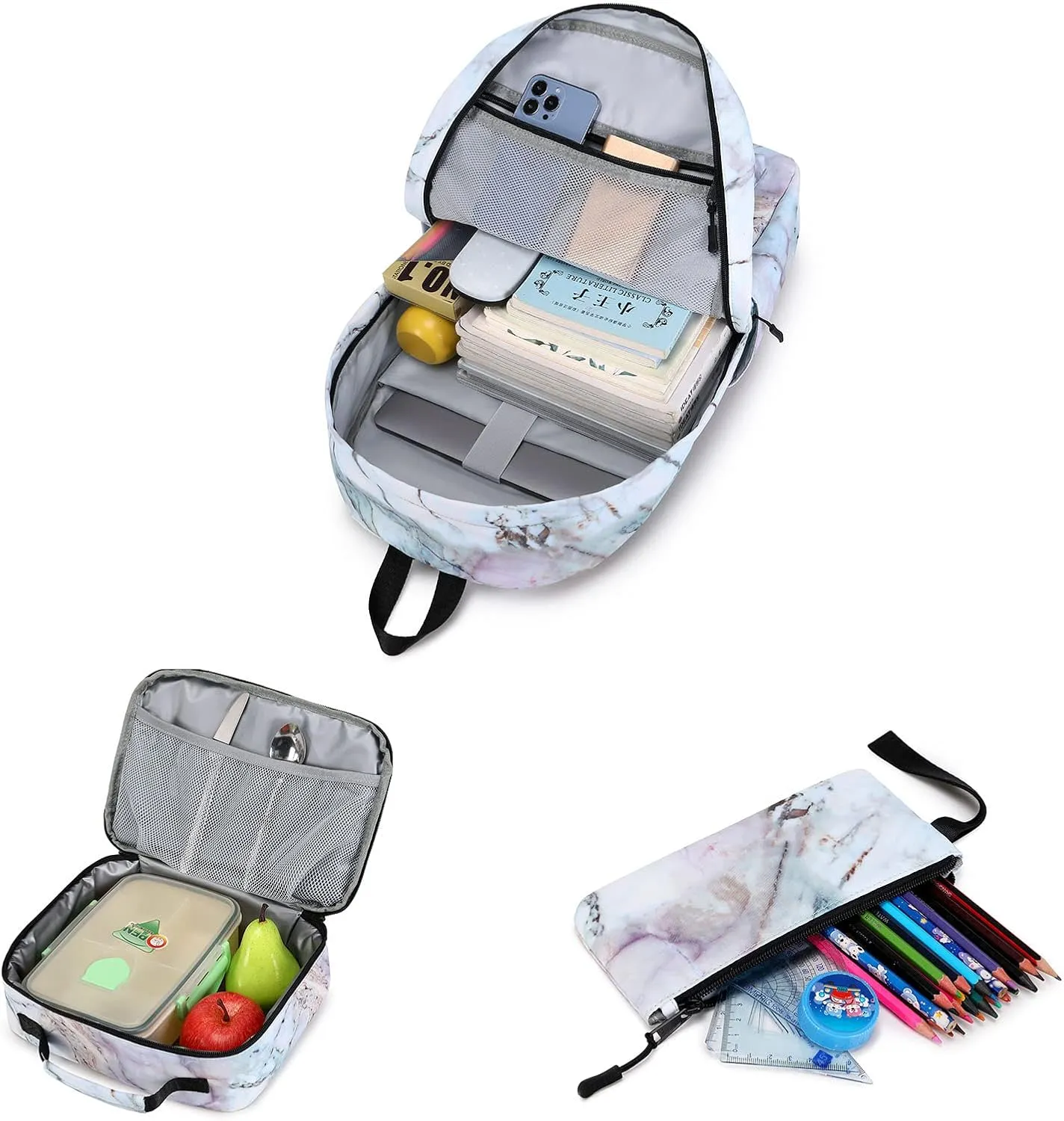 Imyth Backpack for Teen Girls School Gift Bookbag Lunch Box Pencil Bag 3 in 1 Set (Marble Light pink)