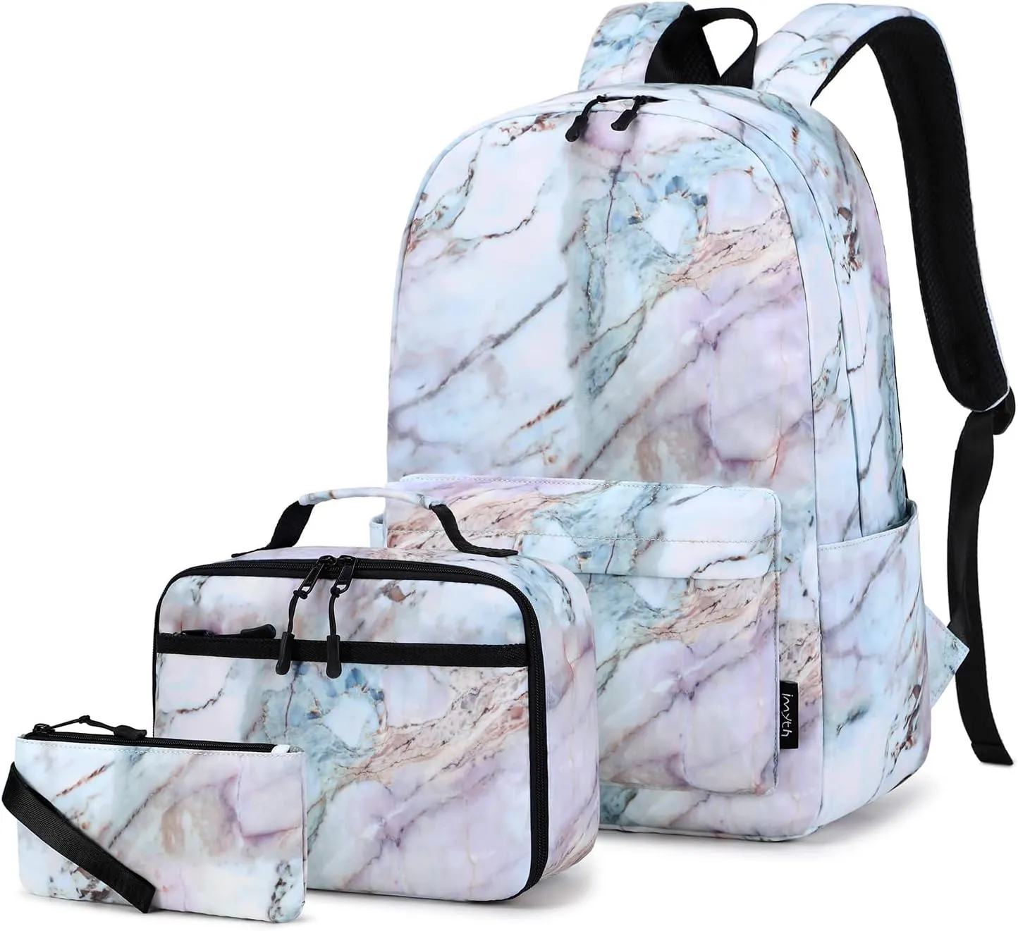 Imyth Backpack for Teen Girls School Gift Bookbag Lunch Box Pencil Bag 3 in 1 Set (Marble Light pink)