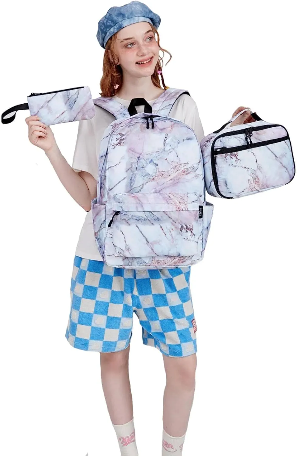 Imyth Backpack for Teen Girls School Gift Bookbag Lunch Box Pencil Bag 3 in 1 Set (Marble Light pink)
