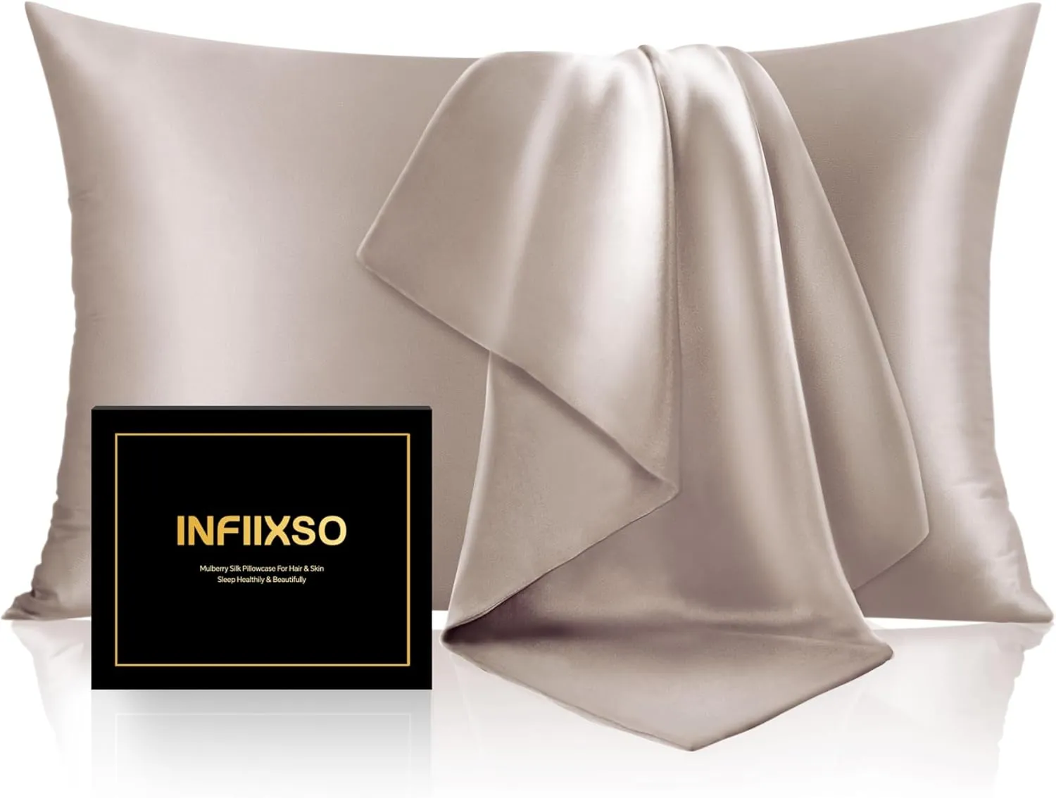 INFIIXSO Mulberry Silk Pillowcase for Hair and Skin, Silk Pillow Cases Standard Size Set of 2 with Hidden Zipper 20x26 Inches, Ultra Smooth Soft Cooling Pillow Cases for Hot Sleepers(Caramel,2 Pack)