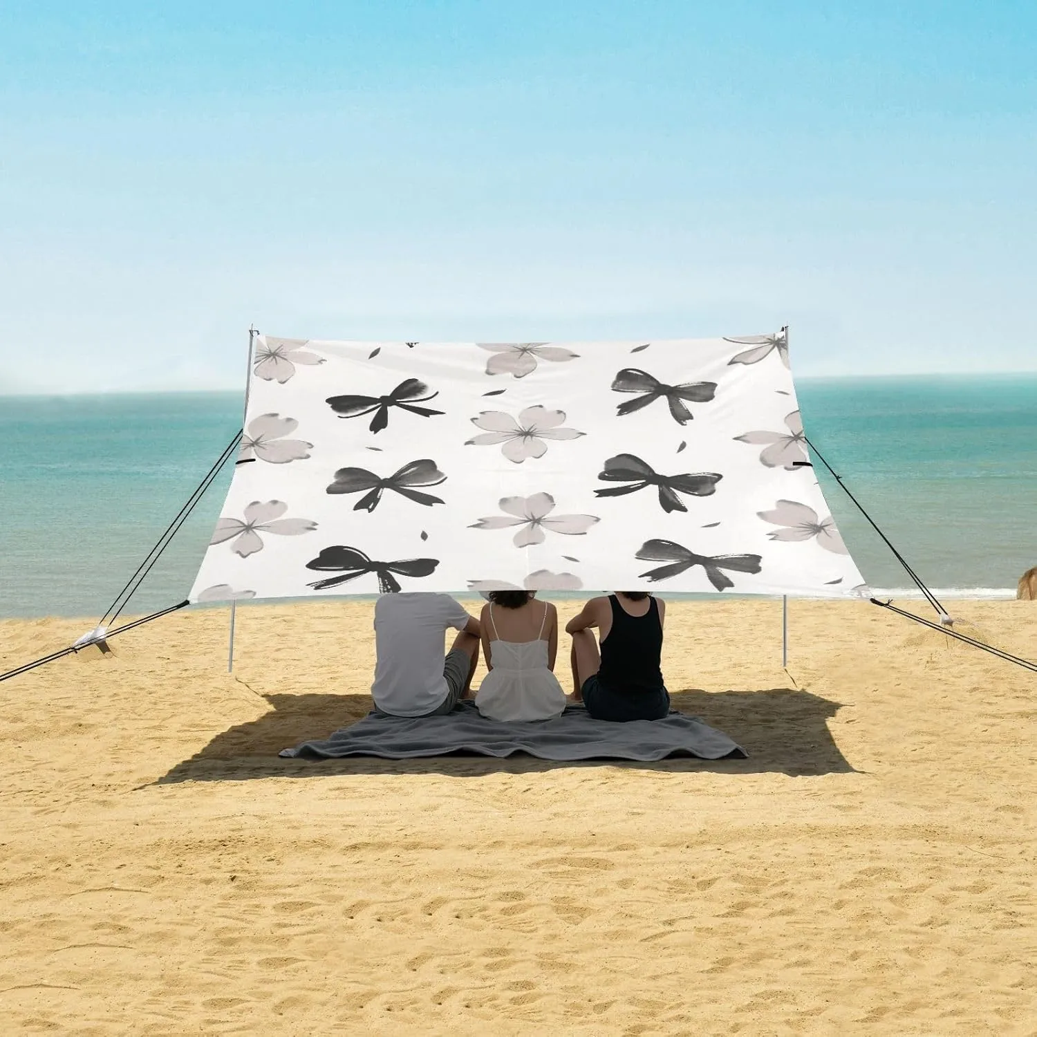 Ink and Wash Bows Flowers Beach Canopy Tent Anti-UV & Wind Resistant, Camping Sun Shelter Easy Setup Portable,Outdoor Shade Tents with Sandbags,Sand Shovels,Ground Pegs & Stability Poles