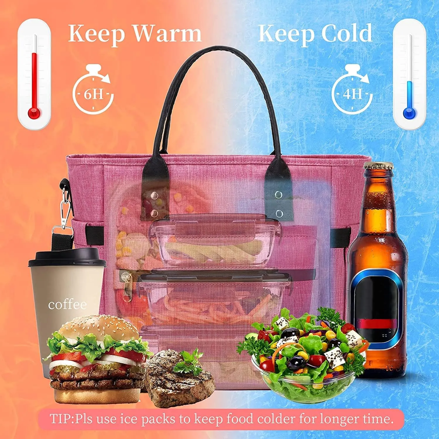 Insulated Adult Lunch Bags For Women Water Resistant Ice Cooler Tote Bag Thermal Food Storage Organizer Long Shoulder Strap Large Lunch Box For Men Picnic Working Outing (Pink)
