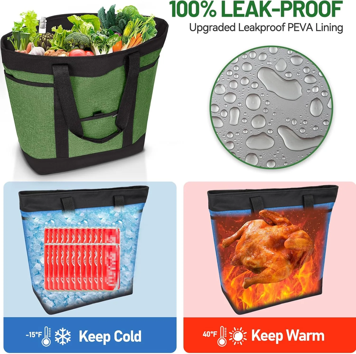 Insulated Cooler Bag Grocery Bags Large Freezer Shopping Cooler Tote Food Delivery Bag for Cold/Hot Food