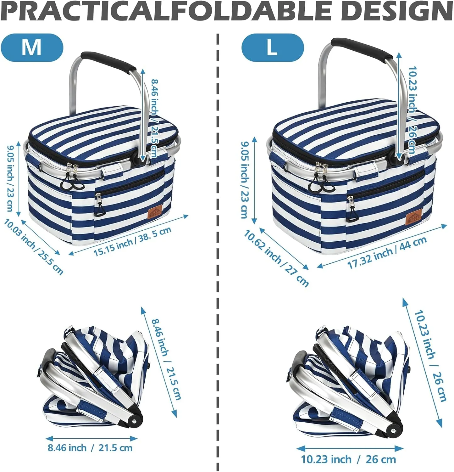 Insulated Cooler Bag Multipocket Collapsible Picnic Basket Leak-Proof Outdoor Basket for Camping Meal Delivery Shopping Travel Camping Beach Grocery Bag (BlueWhite Medium)
