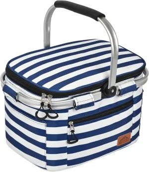 Insulated Cooler Bag Multipocket Collapsible Picnic Basket Leak-Proof Outdoor Basket for Camping Meal Delivery Shopping Travel Camping Beach Grocery Bag (BlueWhite Medium)