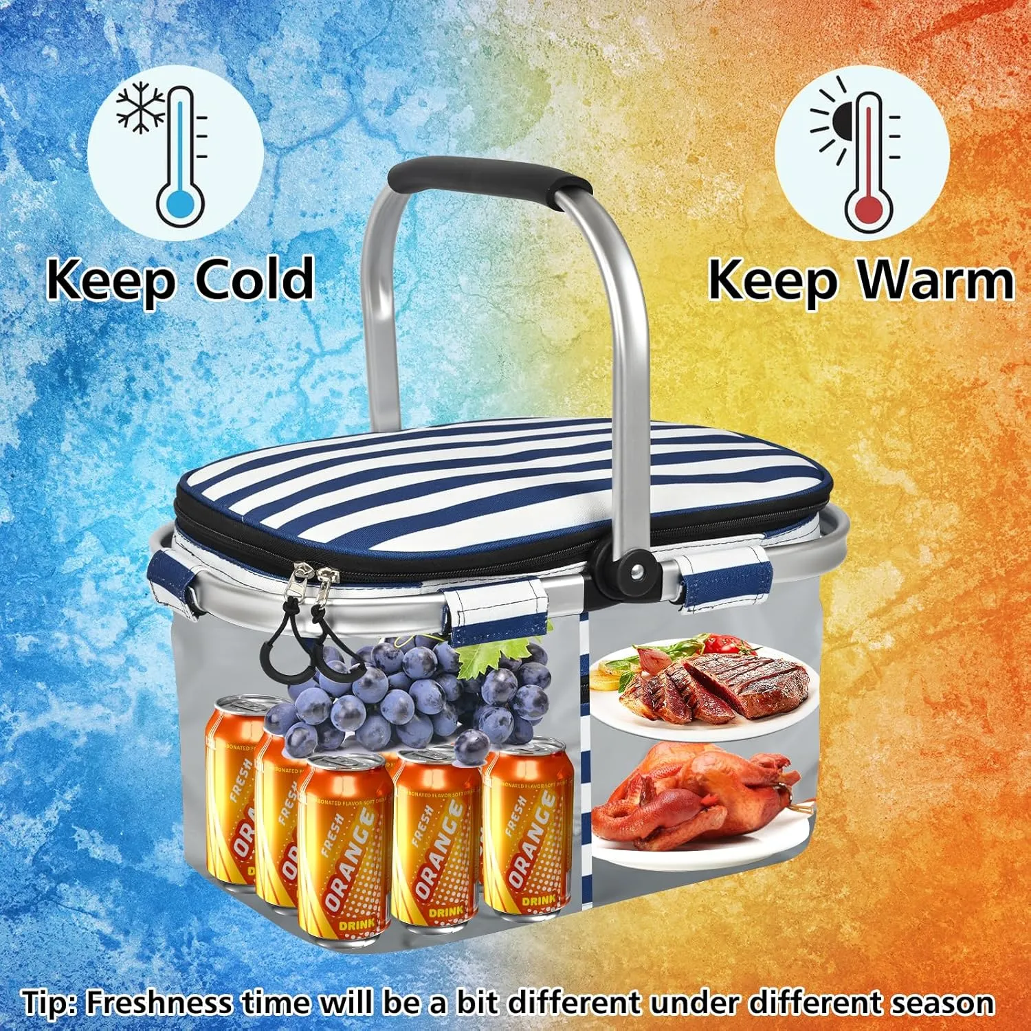 Insulated Cooler Bag Multipocket Collapsible Picnic Basket Leak-Proof Outdoor Basket for Camping Meal Delivery Shopping Travel Camping Beach Grocery Bag (BlueWhite Medium)