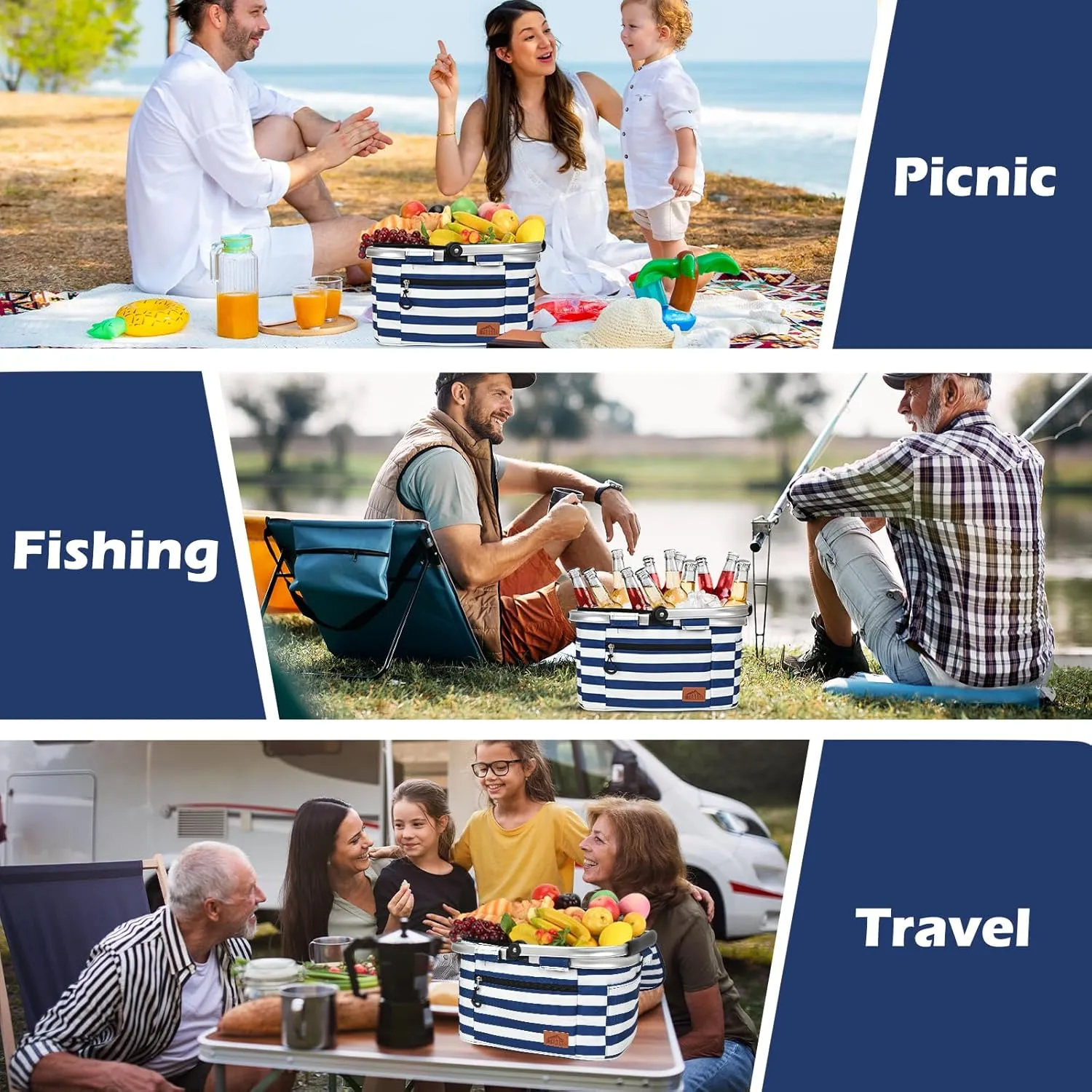 Insulated Cooler Bag Multipocket Collapsible Picnic Basket Leak-Proof Outdoor Basket for Camping Meal Delivery Shopping Travel Camping Beach Grocery Bag (BlueWhite Medium)