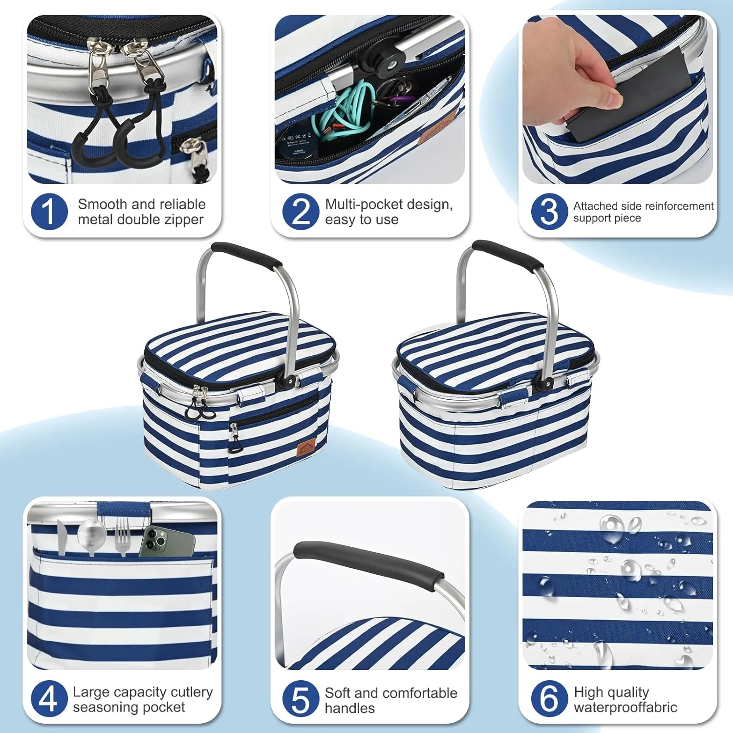 Insulated Cooler Bag Multipocket Collapsible Picnic Basket Leak-Proof Outdoor Basket for Camping Meal Delivery Shopping Travel Camping Beach Grocery Bag (BlueWhite Medium)