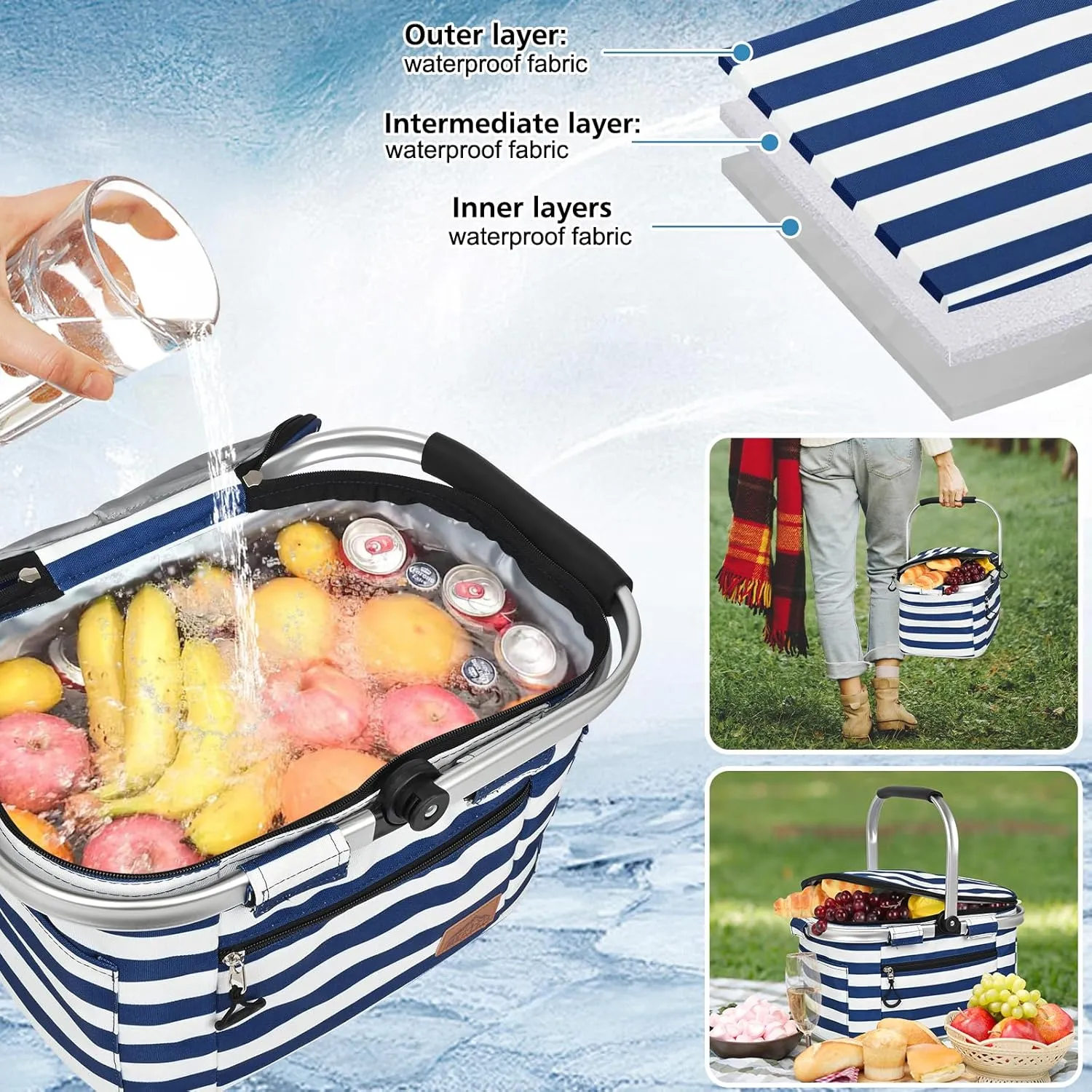 Insulated Cooler Bag Multipocket Collapsible Picnic Basket Leak-Proof Outdoor Basket for Camping Meal Delivery Shopping Travel Camping Beach Grocery Bag (BlueWhite Medium)